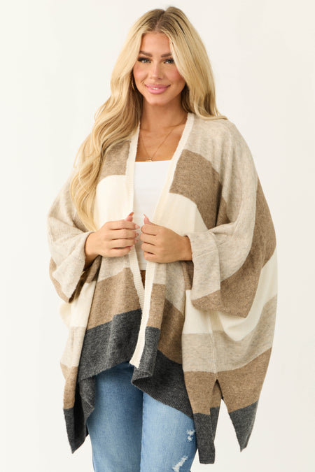 Coconut Thick Stripe Poncho Style Cardigan