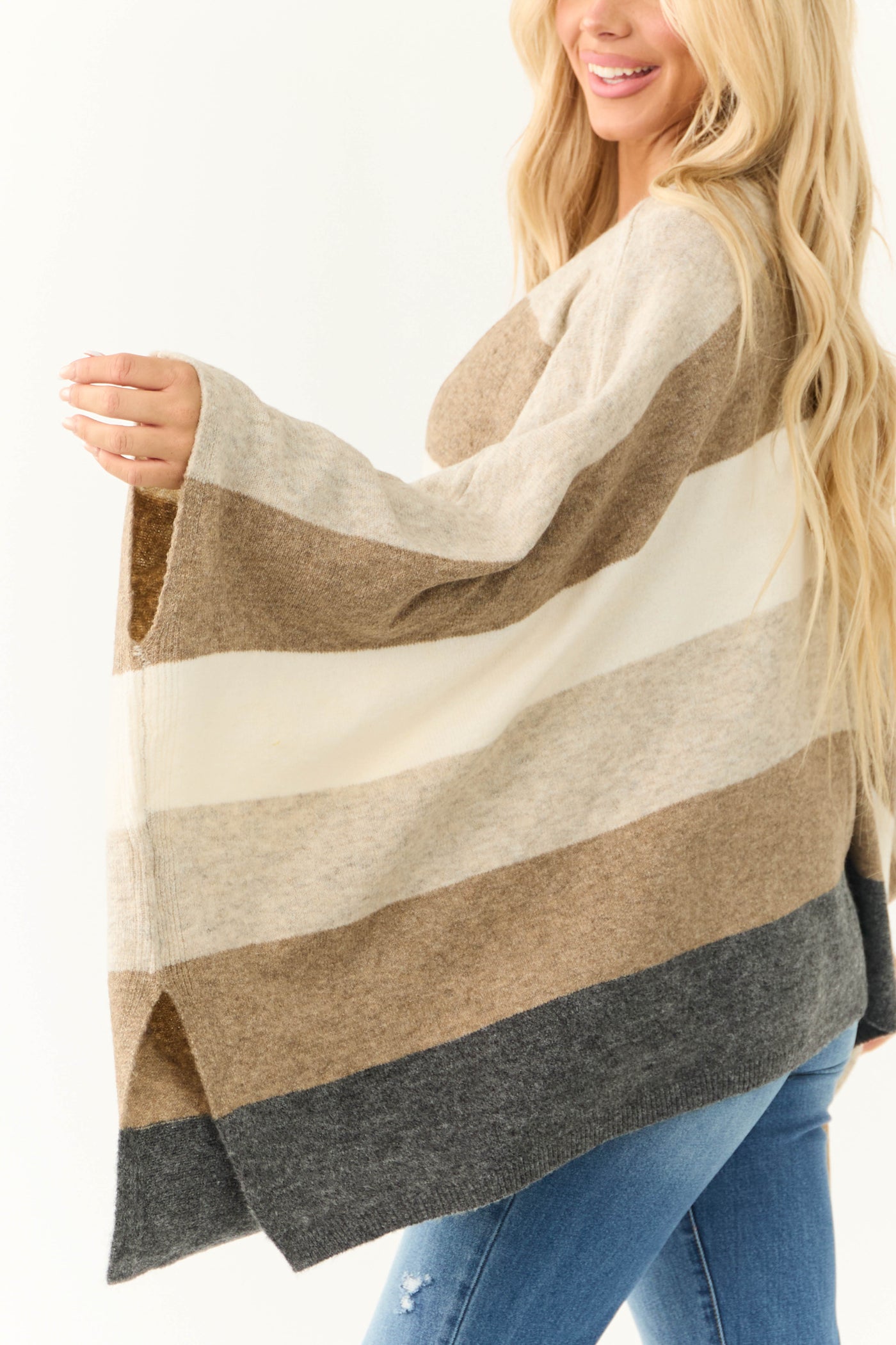 Coconut Thick Stripe Poncho Style Cardigan