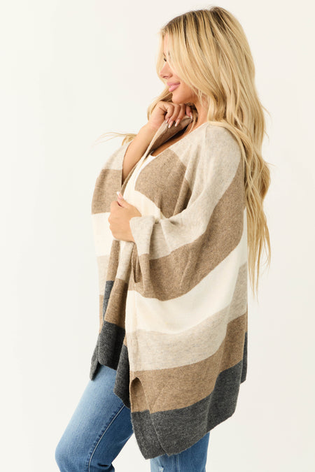 Coconut Thick Stripe Poncho Style Cardigan