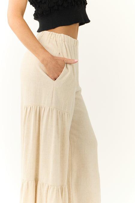 Coconut Wide Leg Side Ruffle Detail Linen Pants