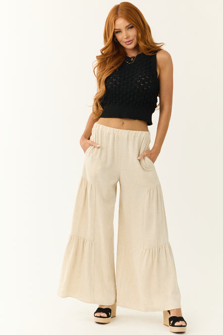 Coconut Wide Leg Side Ruffle Detail Linen Pants