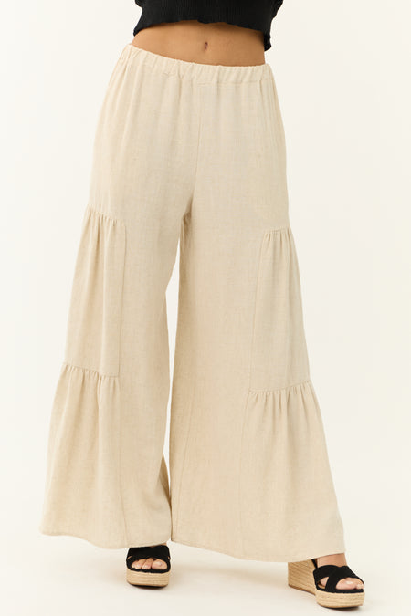 Coconut Wide Leg Side Ruffle Detail Linen Pants