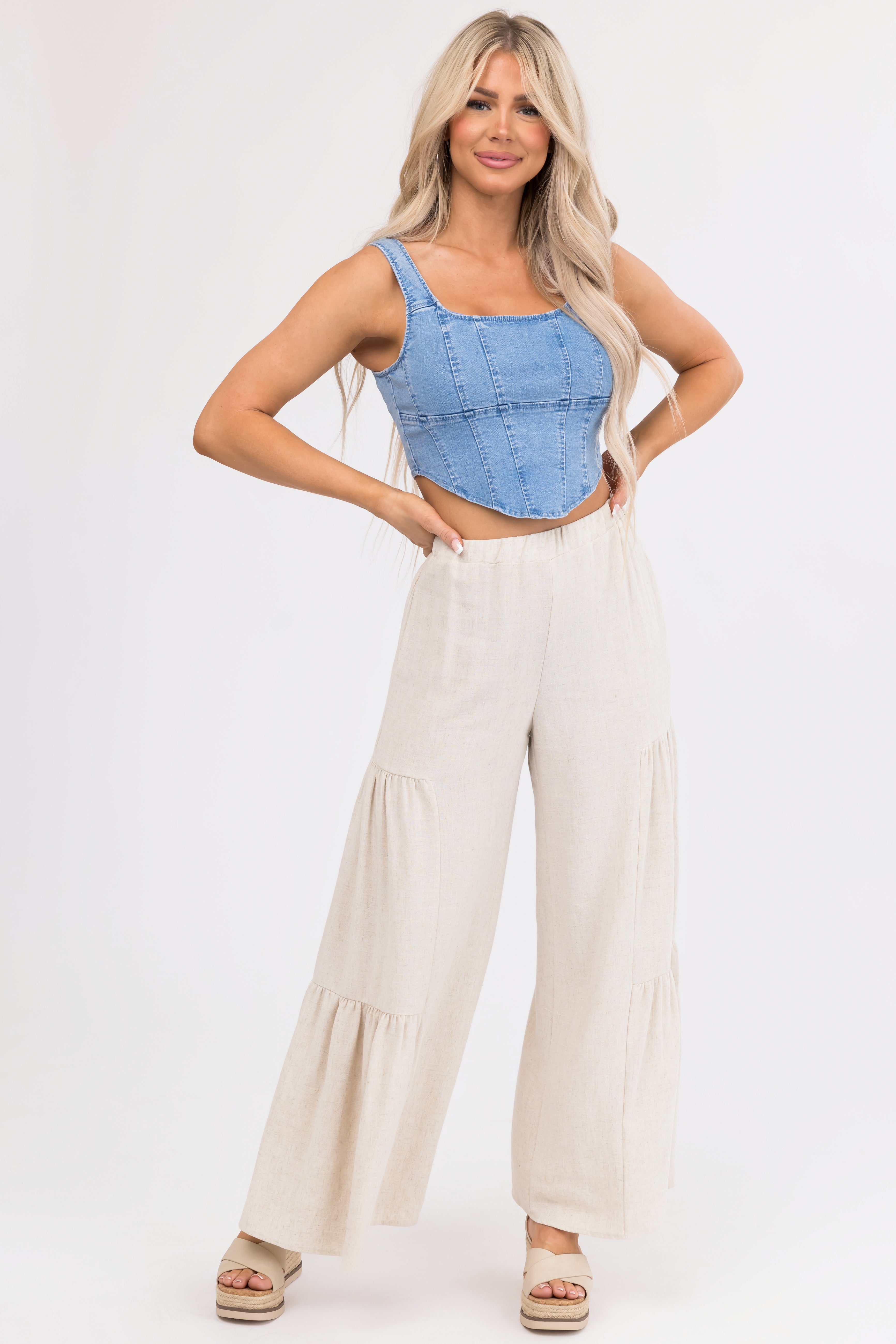 Coconut Wide Leg Side Ruffle Detail Linen Pants | Lime Lush