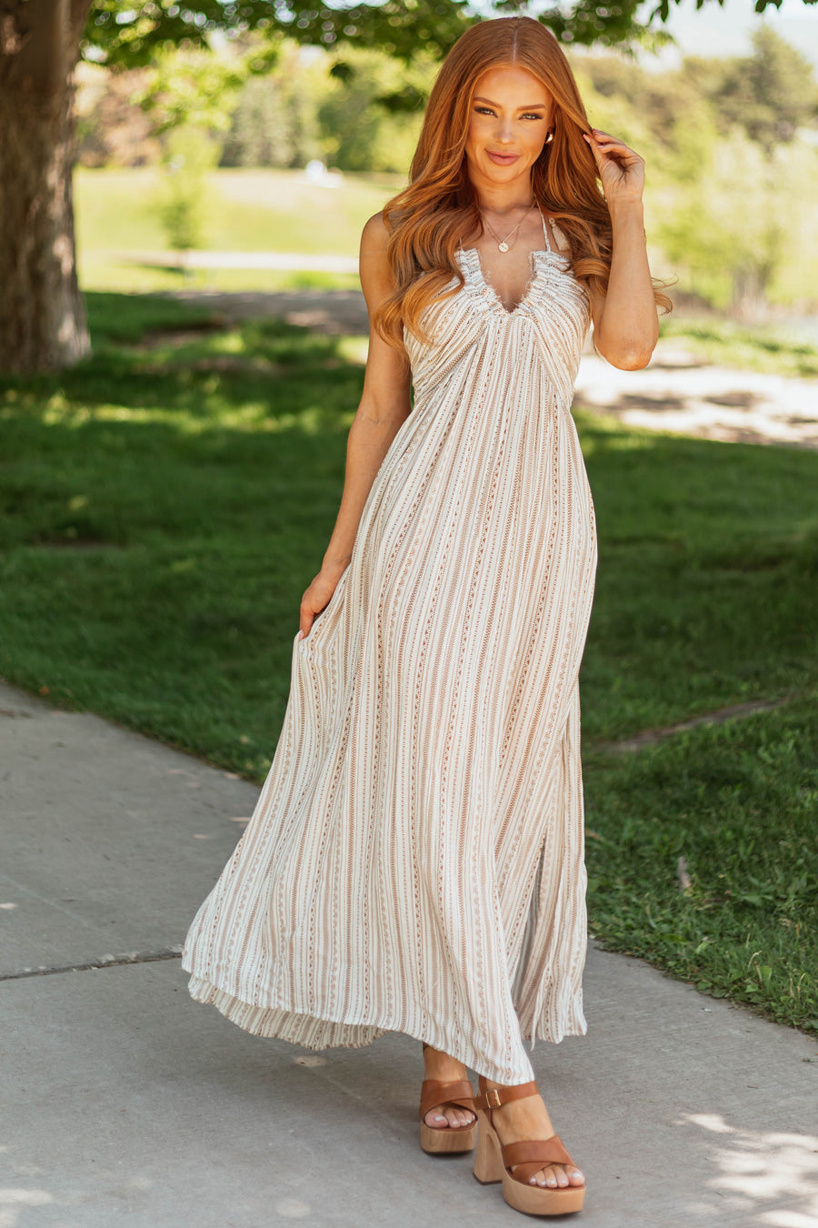 Coconut Abstract Print Side Slit Maxi Dress