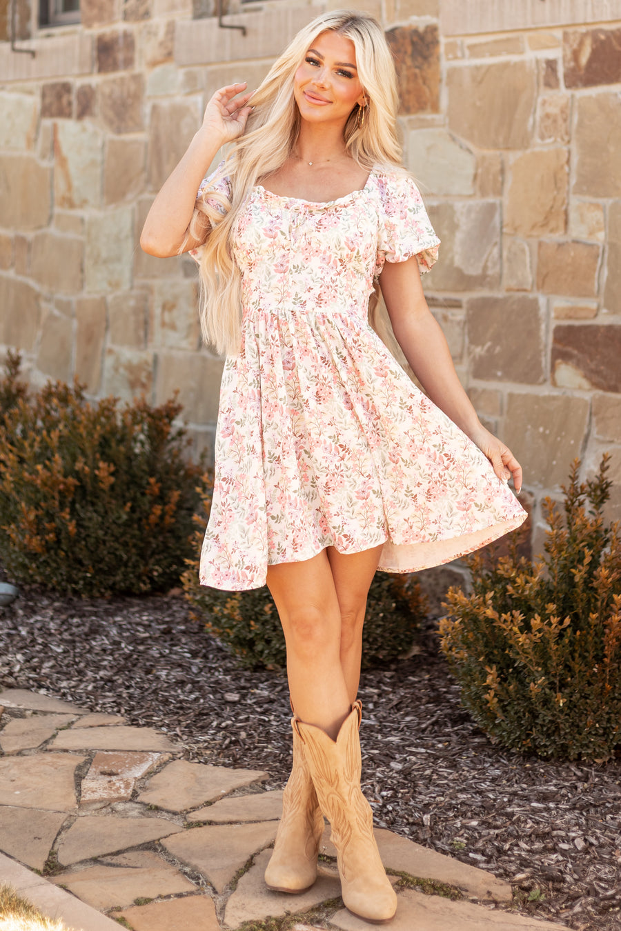 Coconut Floral Print Sweetheart Neckline Short Dress