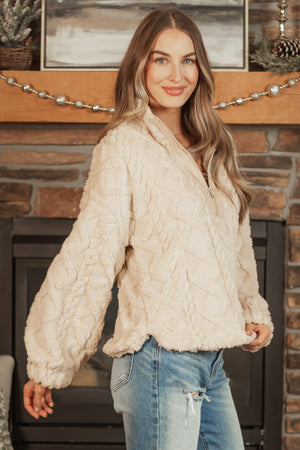 Coconut Fuzzy Fleece Cable Pattern Pullover