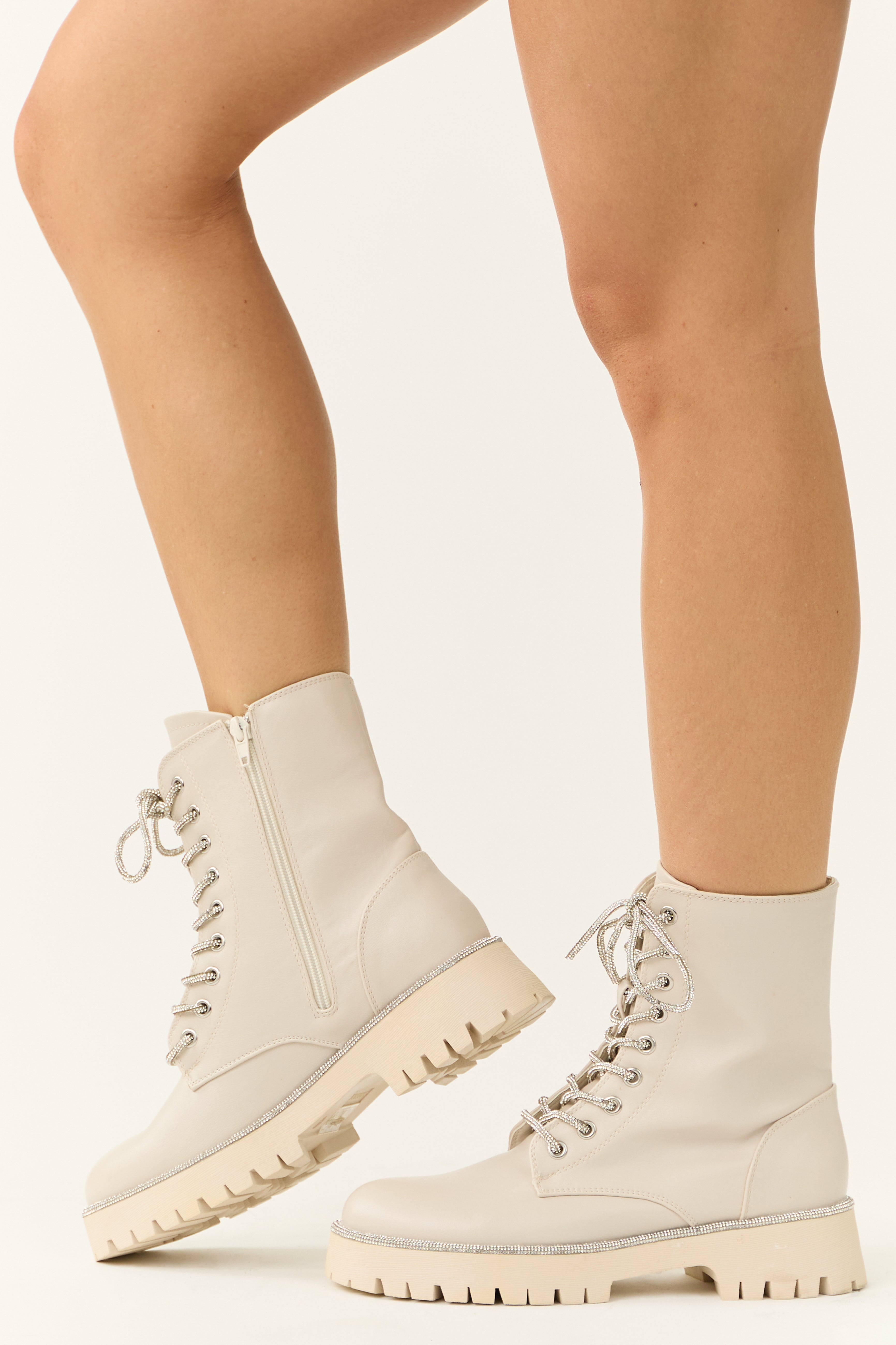 Coconut Rhinestone Detail Platform Combat Boots