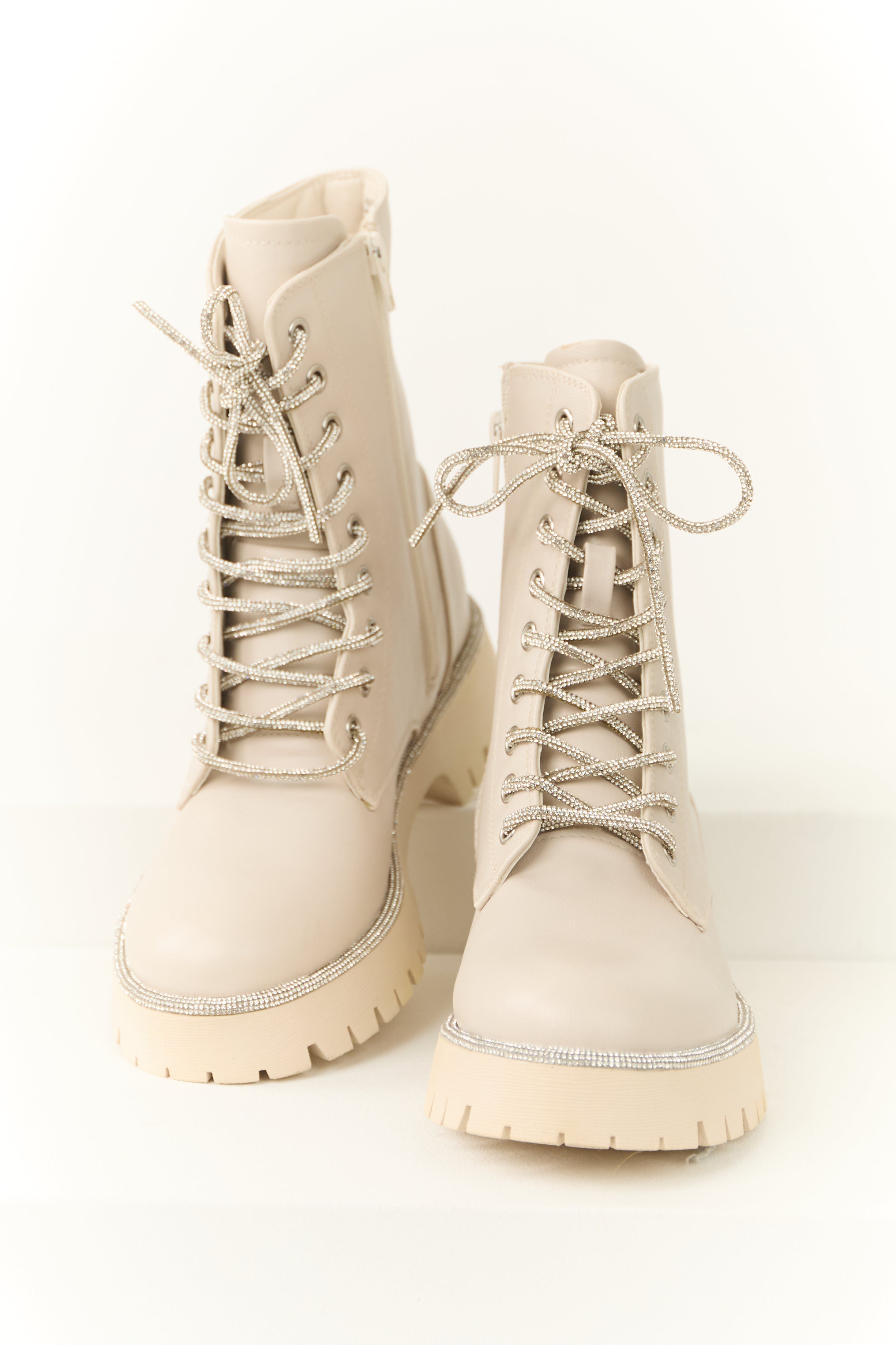 Coconut Rhinestone Detail Platform Combat Boots