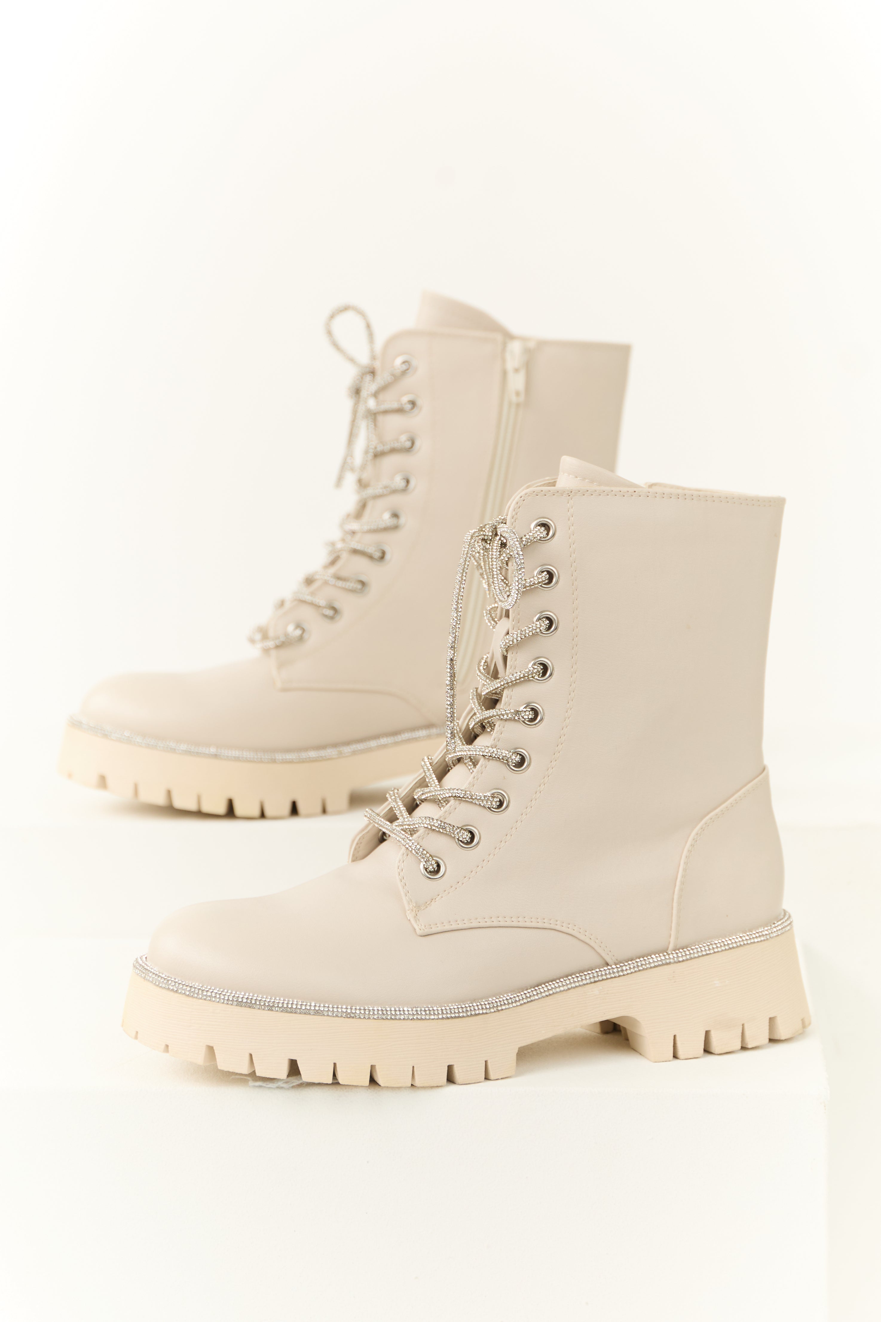 Coconut Rhinestone Detail Platform Combat Boots