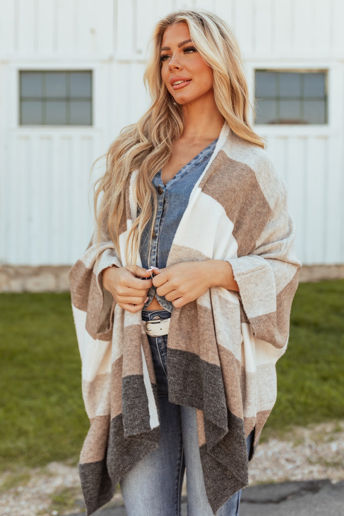 Coconut Thick Stripe Poncho Style Cardigan