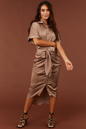 Coffee Button Down Front Tie Satin Midi Dress