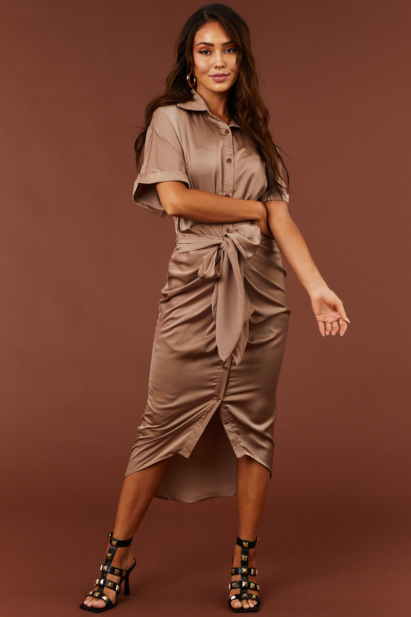 Coffee Button Down Front Tie Satin Midi Dress