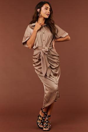 Coffee Button Down Front Tie Satin Midi Dress