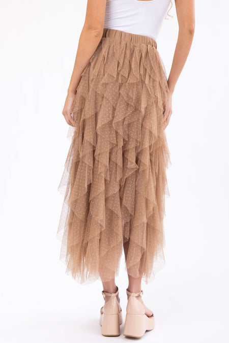 Coffee Cascading Ruffle Tulle Dotted Midi Skirt