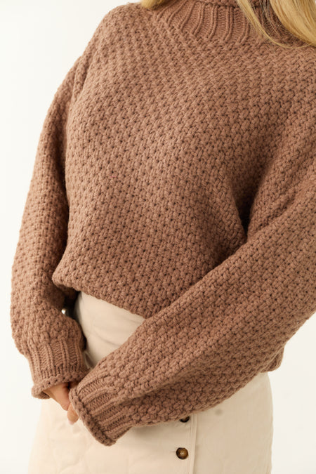 Coffee Chunky Knit Mock Neck Cozy Sweater