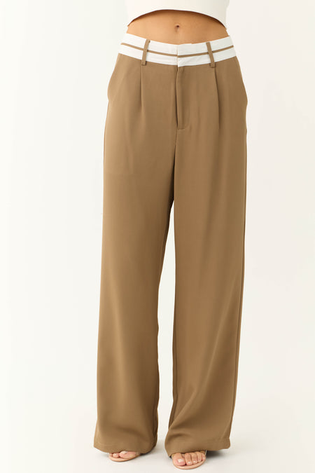 Coffee Contrast Waistband Wide Leg Pants