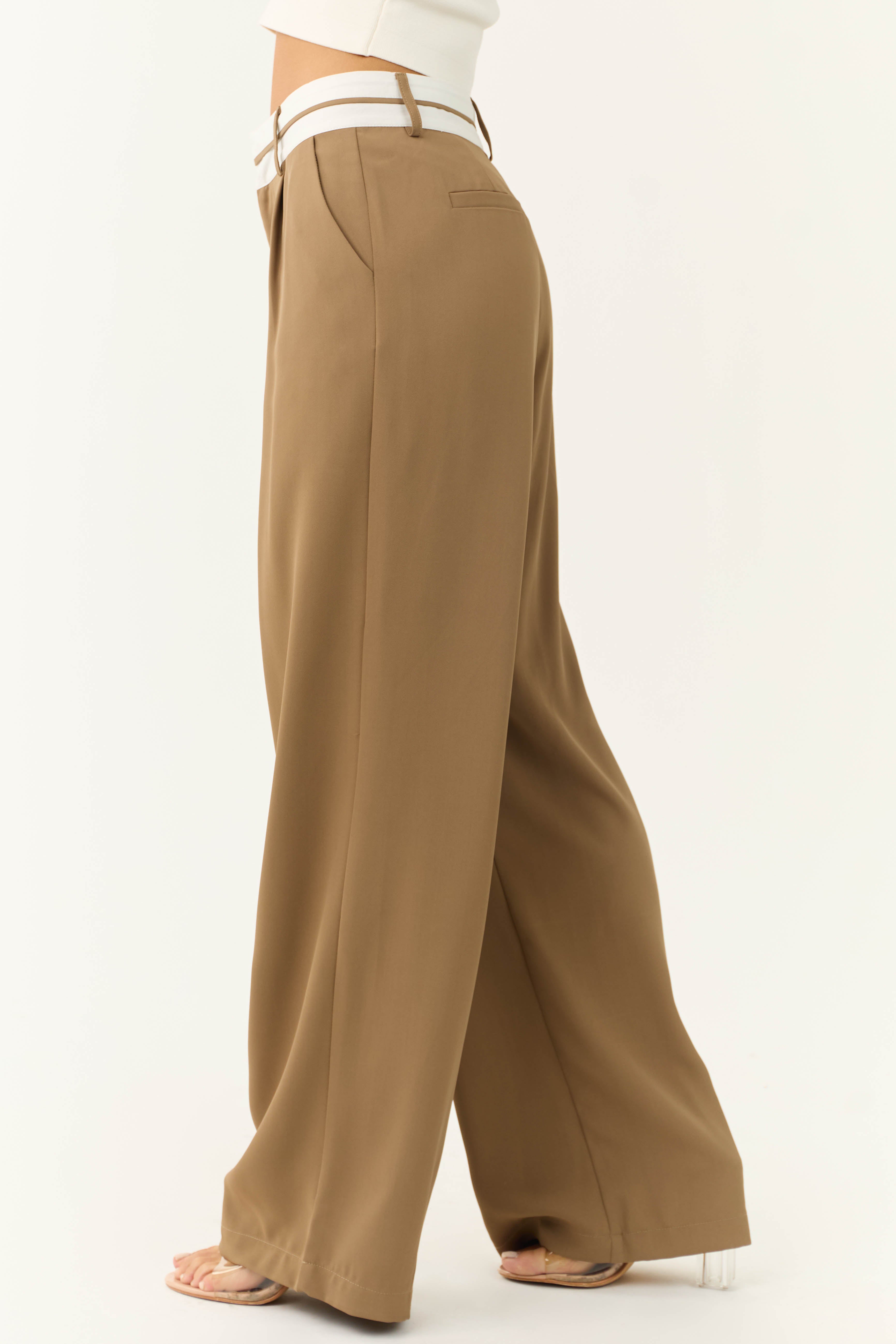 Coffee Contrast Waistband Wide Leg Pants