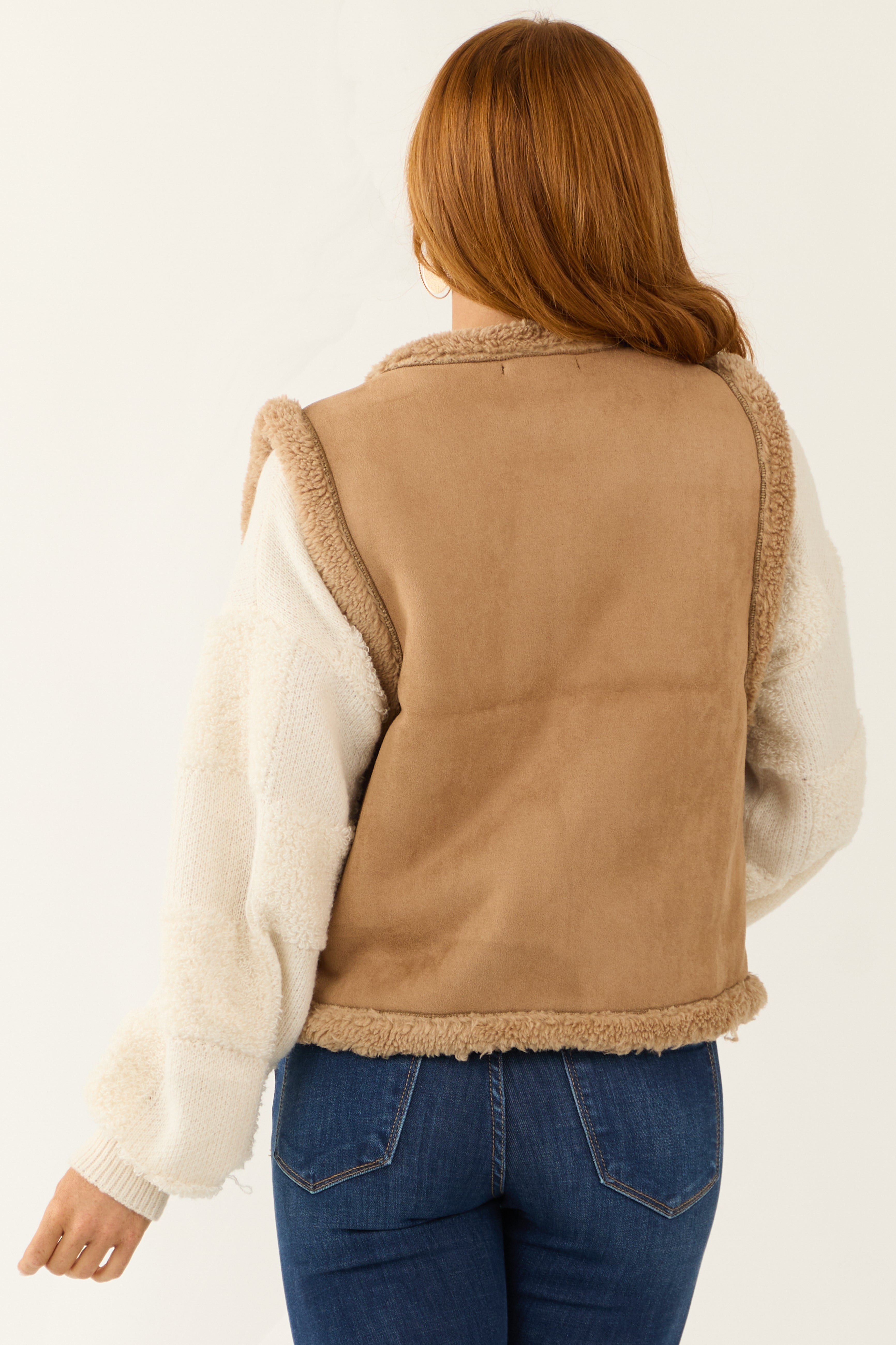 Coffee Faux Suede Sherpa Lined Vest Lime Lush Boutique