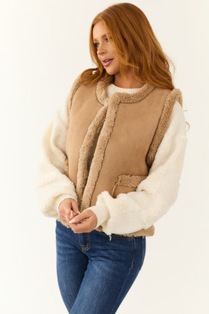 Coffee Faux Suede Sherpa Lined Vest