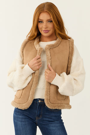 Coffee Faux Suede Sherpa Lined Vest