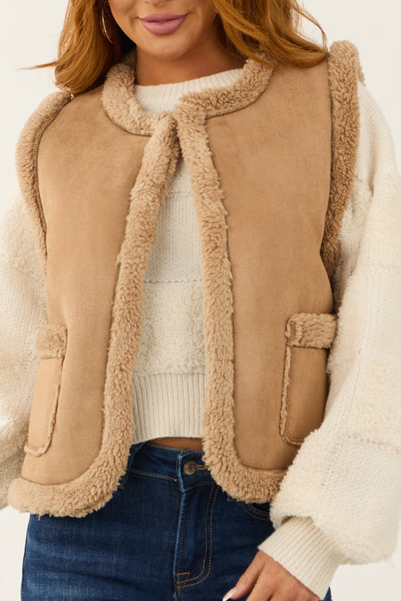 Coffee Faux Suede Sherpa Lined Vest