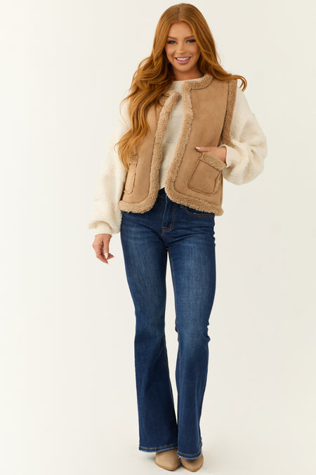 Coffee Faux Suede Sherpa Lined Vest