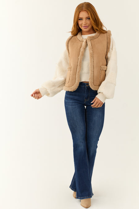 Coffee Faux Suede Sherpa Lined Vest