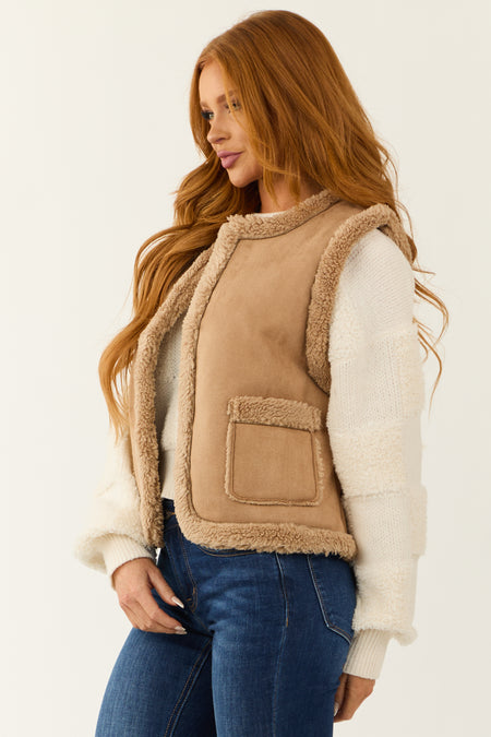 Coffee Faux Suede Sherpa Lined Vest