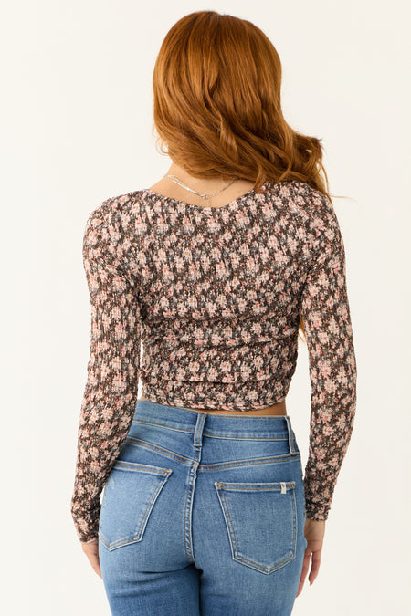 Coffee Floral Print Smocked Ruched Crop Top