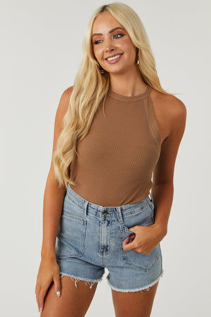 Coffee Halter Neck Ribbed Tank Top