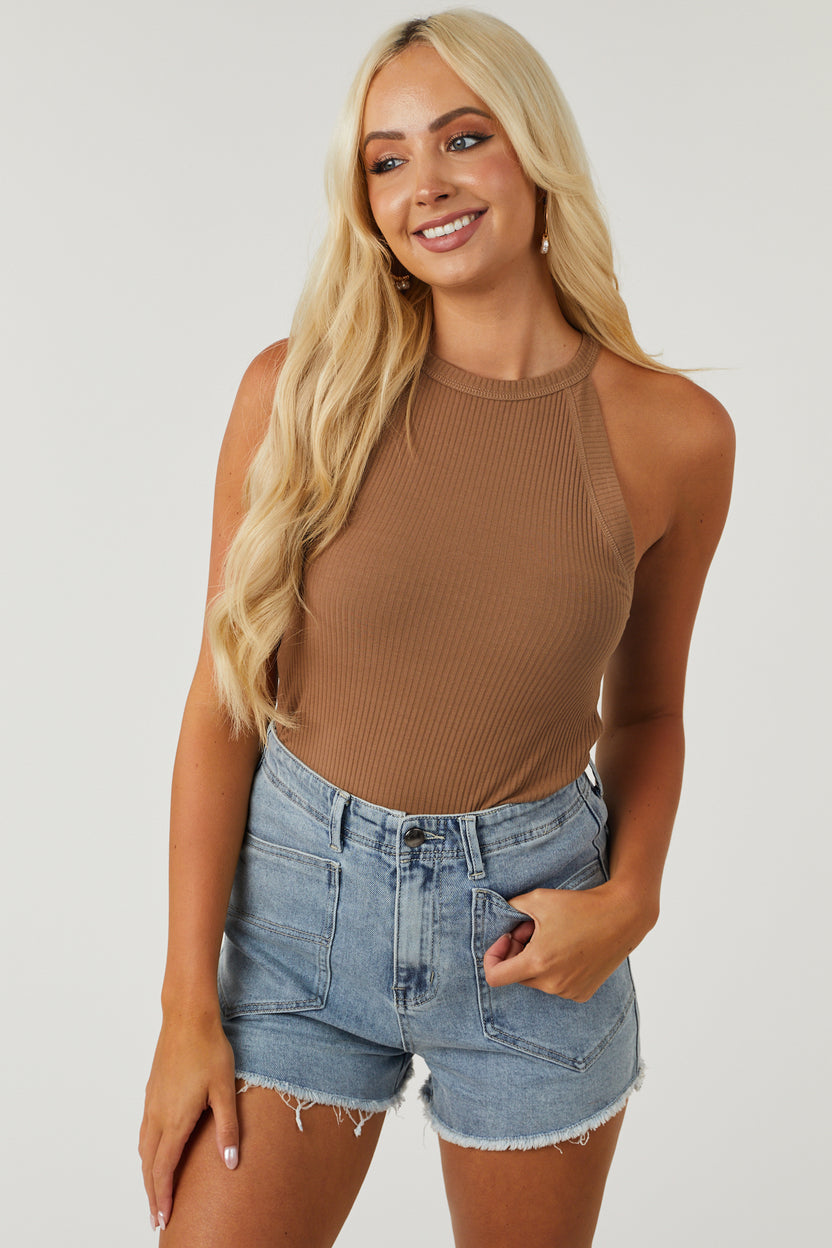 Coffee Halter Neck Ribbed Tank Top