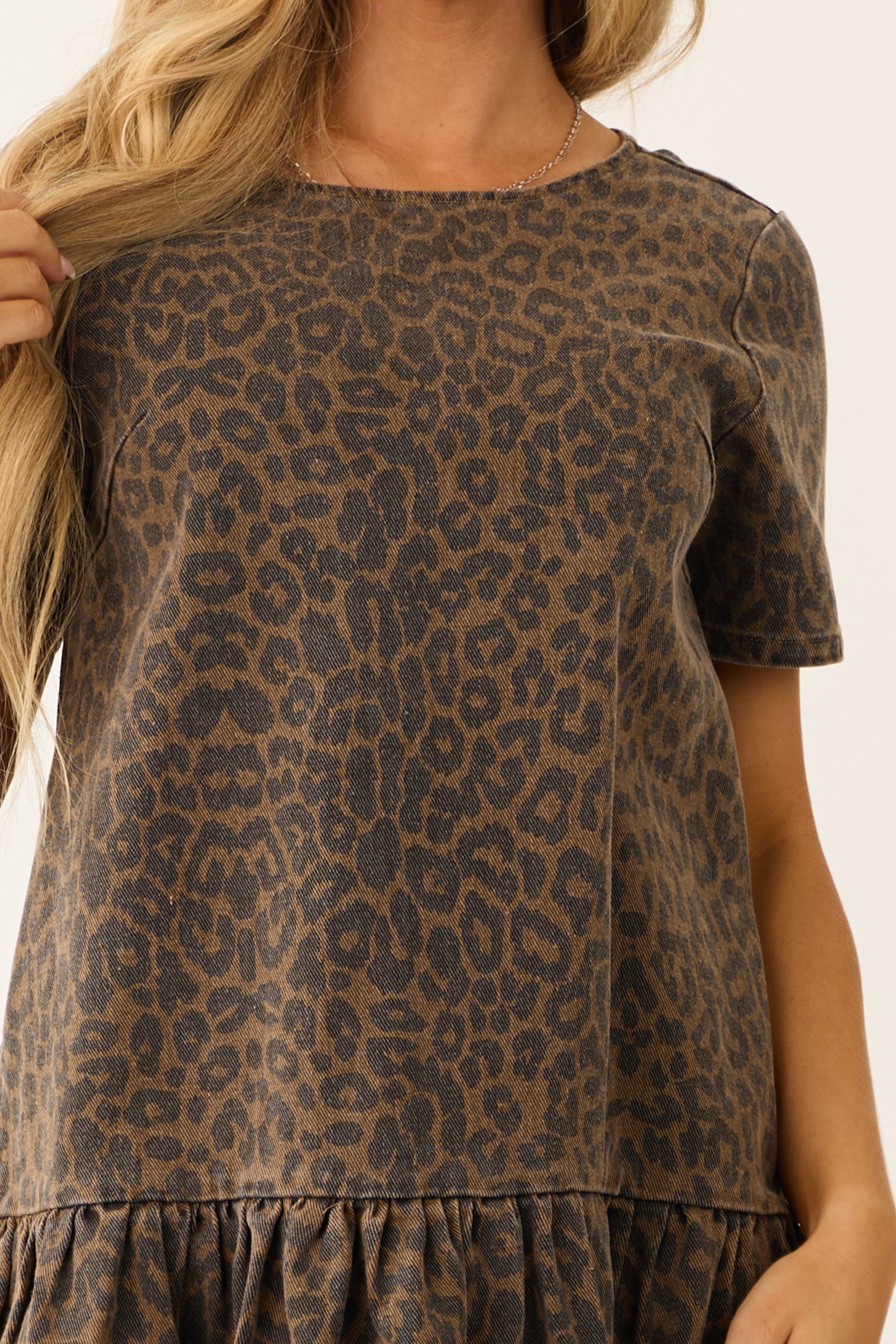 Coffee Leopard Print Denim Shift Short Dress