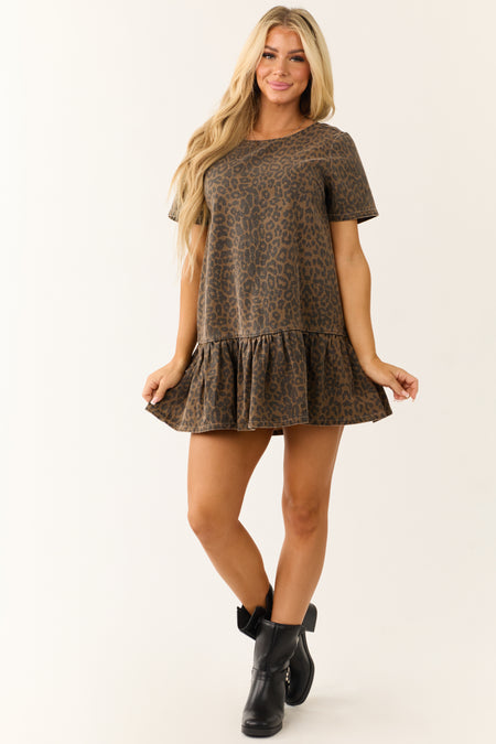 Coffee Leopard Print Denim Shift Short Dress