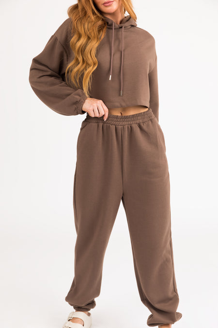 Coffee Long Sleeve Crop Top and Jogger Set