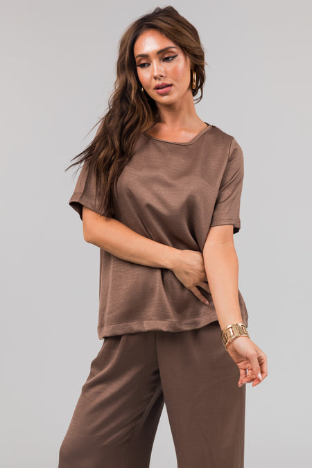 Coffee Satin Blouse and Wide Leg Pants Set