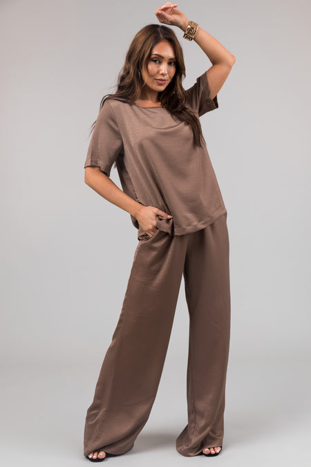 Coffee Satin Blouse and Wide Leg Pants Set