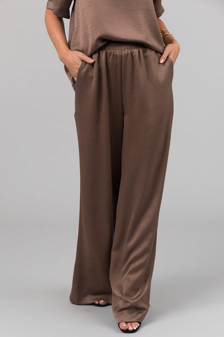 Coffee Satin Blouse and Wide Leg Pants Set