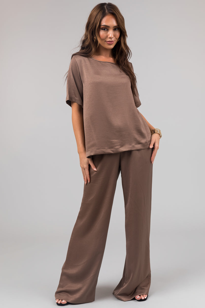 Coffee Satin Blouse and Wide Leg Pants Set