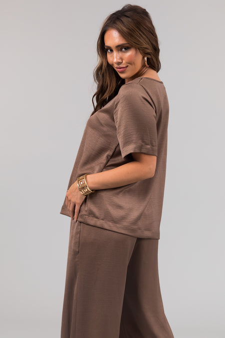 Coffee Satin Blouse and Wide Leg Pants Set