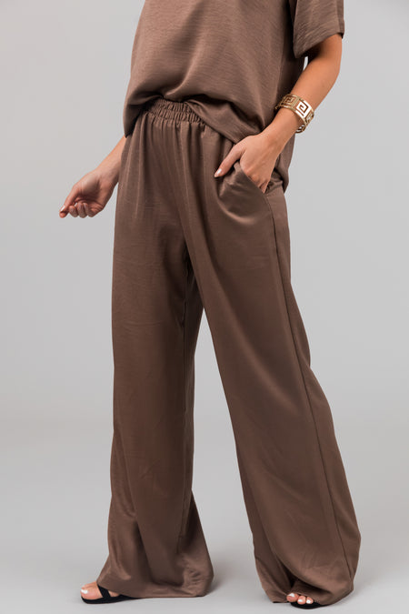 Coffee Satin Blouse and Wide Leg Pants Set