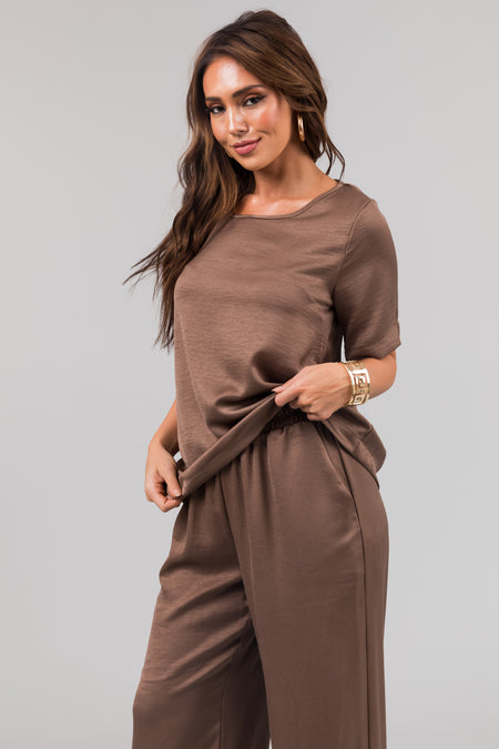 Coffee Satin Blouse and Wide Leg Pants Set