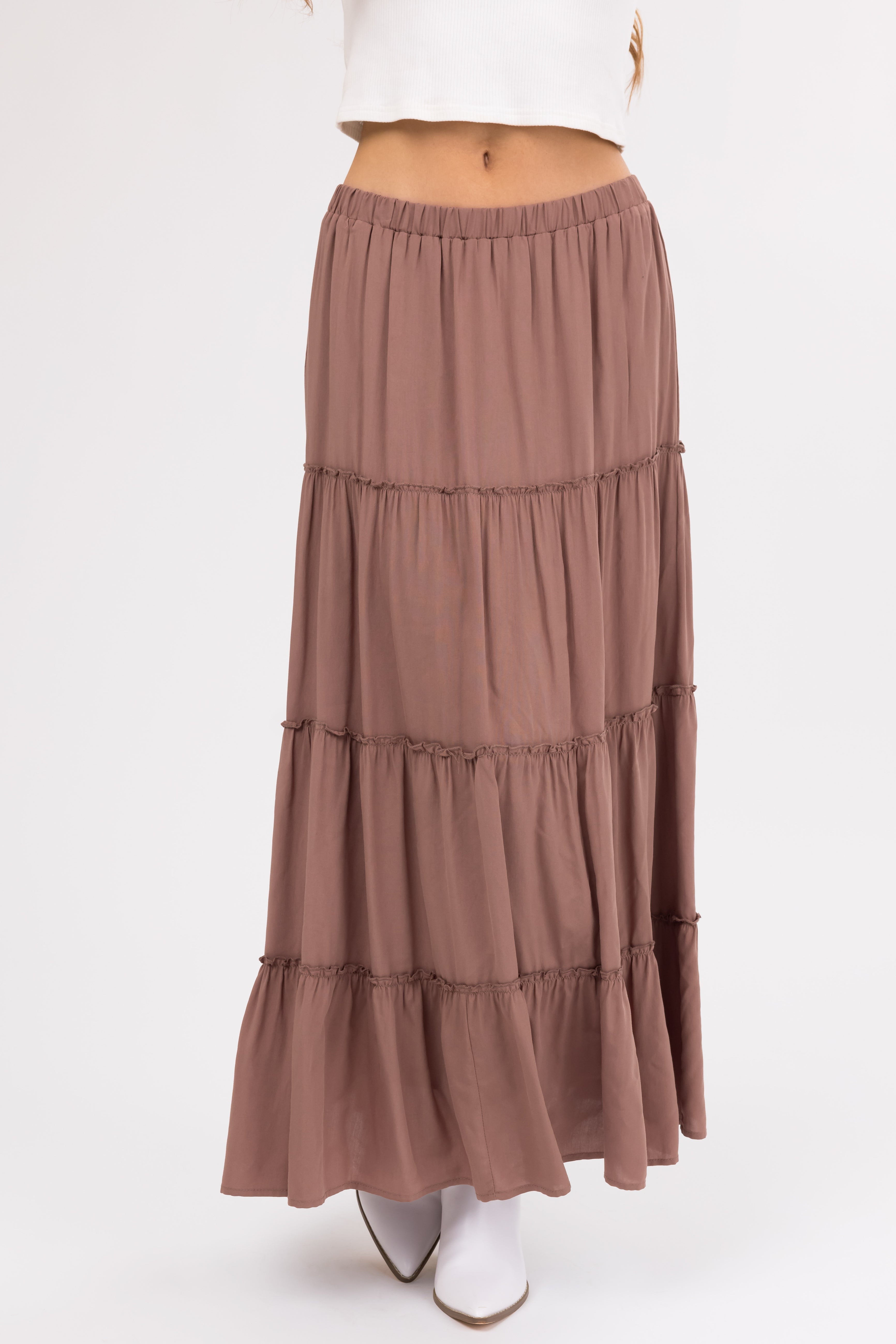 Coffee Tiered Elastic Waist Woven Maxi Skirt