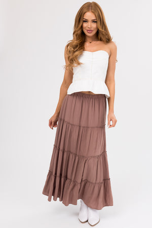 Coffee Tiered Elastic Waist Woven Maxi Skirt