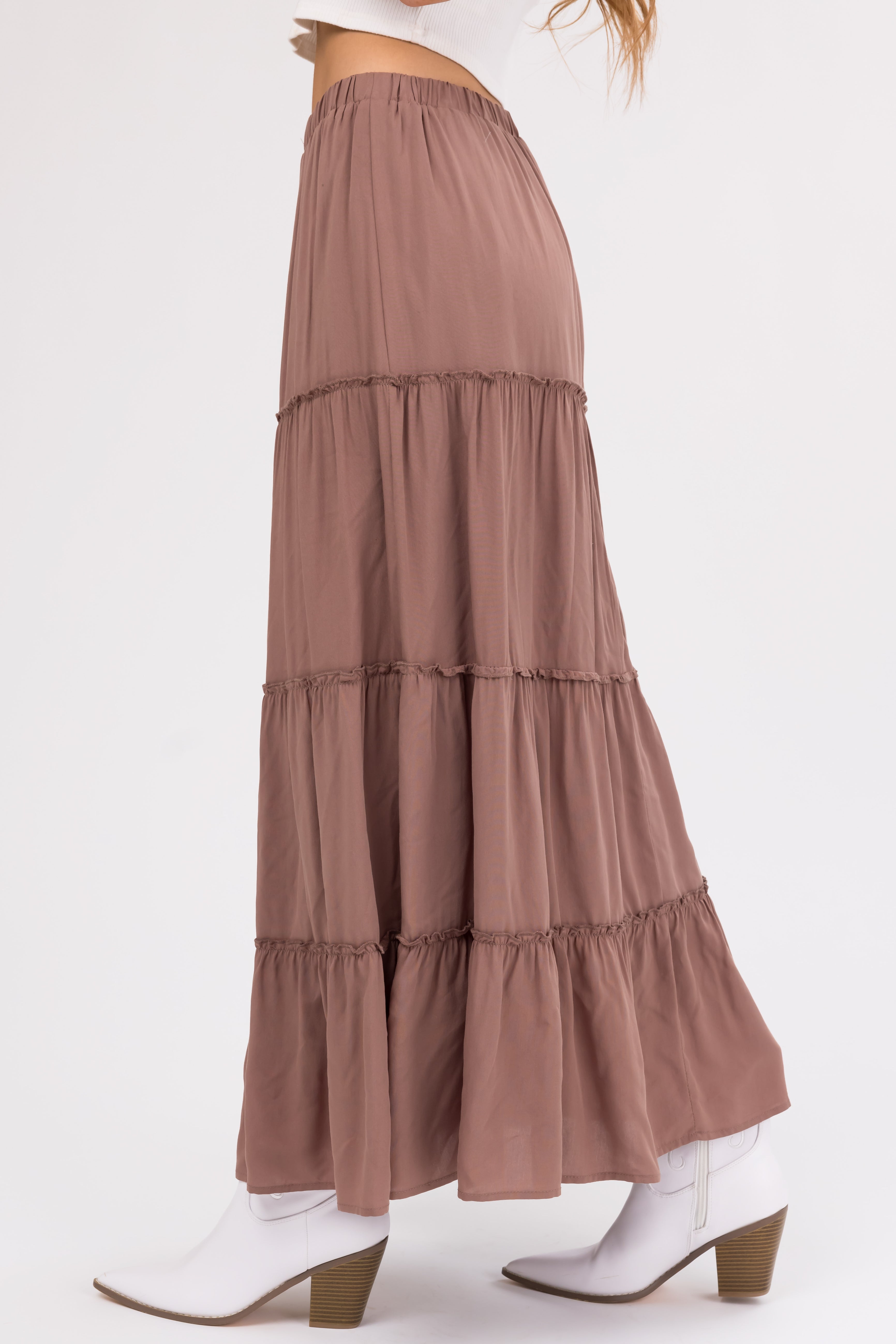 Coffee Tiered Elastic Waist Woven Maxi Skirt