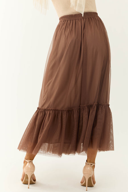 Coffee Tulle Ruffle Hem Maxi Skirt