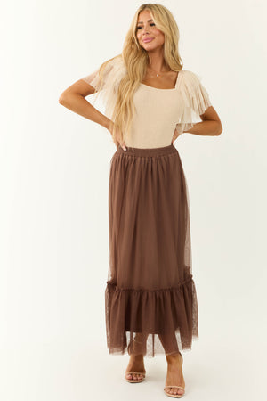 Coffee Tulle Ruffle Hem Maxi Skirt