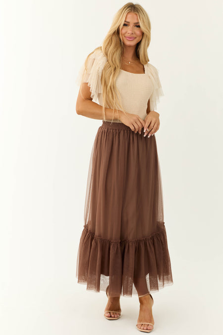 Coffee Tulle Ruffle Hem Maxi Skirt