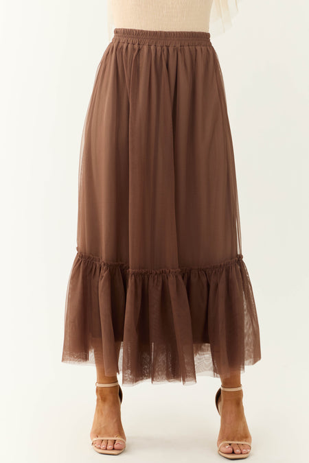 Coffee Tulle Ruffle Hem Maxi Skirt