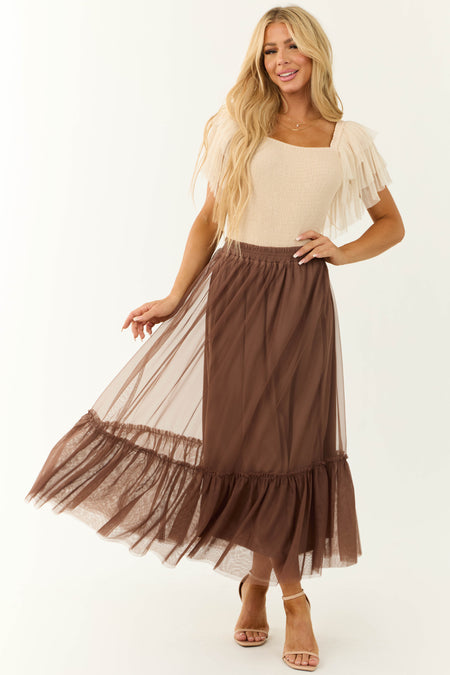 Coffee Tulle Ruffle Hem Maxi Skirt