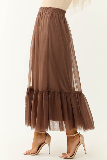 Coffee Tulle Ruffle Hem Maxi Skirt